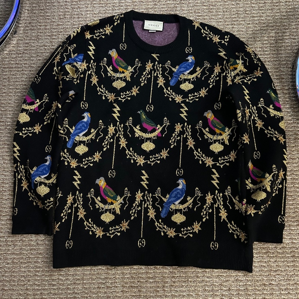 100% Authentic GUCCI Black & Gold GG Bird Wool Knitted Sweater l